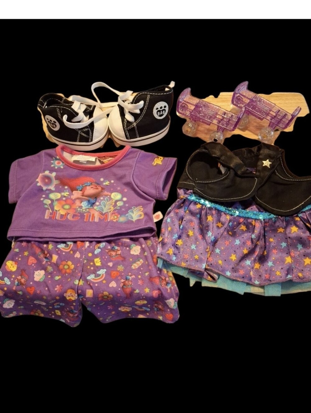 Lot Of Build A Bear Accessories Dress, Troll Outfit, Roller Skates, And Shoes